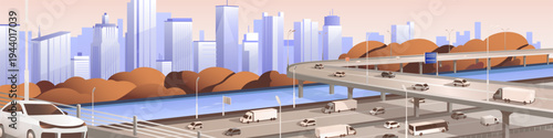 City landscape with skyscrapers and highway. Cityscape in morning sunlight. Panorama of roadway interchange. Overpass bridge with traffic, road junction with cars, vans. Flat vector illustration