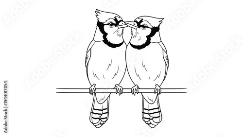 Blue Jays on a Branch: A charming line art illustration of two blue jays perched closely together on a horizontal branch, their crests alert and beaks almost touching.