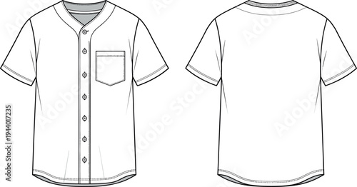 Blank baseball jersey technical flat sketch vector illustration with front and back view, button down sports shirt mockup for design.