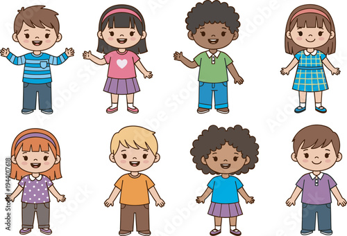 Cute diverse children standing group collection set, happy multiethnic kids characters, childhood education flat vector illustration, cad drawing flat vector illustration