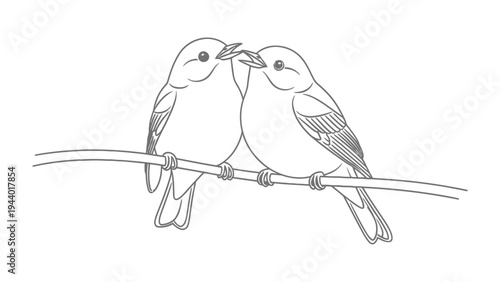 Two Love Birds on a Branch: A tender line drawing depicts two small birds perched closely on a branch, seemingly sharing a moment of affection and companionship.
