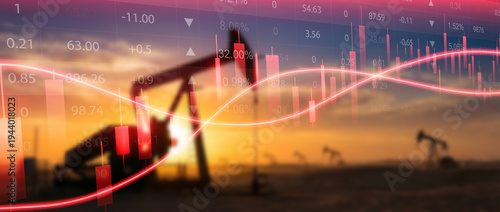 Tableau sur toile Energy Crisis: A somber depiction of oil wells silhouetted against a setting sun, overlaid with a stark graph, representing the volatility within the energy market