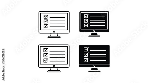 Four computer monitors icons in black and white with lines on screens on a clean white background.