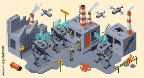 Industrial Factory with Smokestacks and Drones.