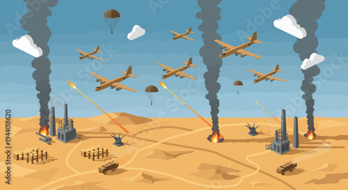 Military Planes Flying Over Desert Battlefield.