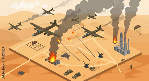 Military planes and vehicles in combat.