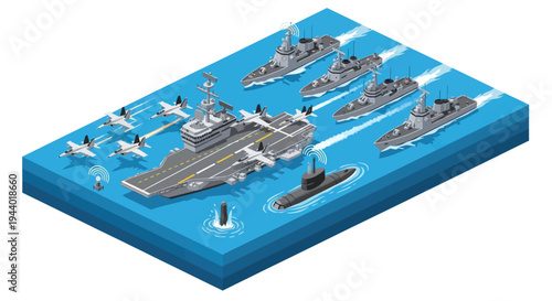 Military ships and aircraft on water.