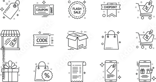 Ecommerce shopping and discount line icons set with coupon flash sale promo code gift box shopping cart and mobile shopping vector illustration