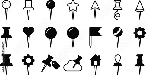Collection of diverse push pin icons representing various shapes and concepts for creative use