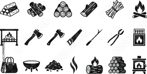 Collection of graphic icons representing firewood preparation and camp fire elements isolated on white
