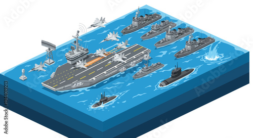 Warships on a blue platform.