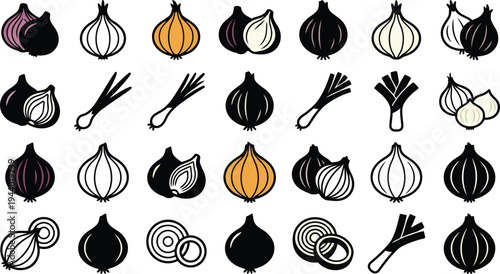 Collection of stylized iconographic representations of various onions and leeks shown on a white background