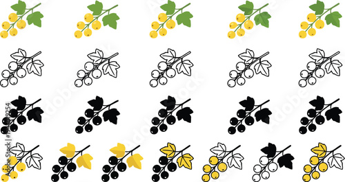 Collection of stylized icons representing currants in various colors and styles on a plain white background