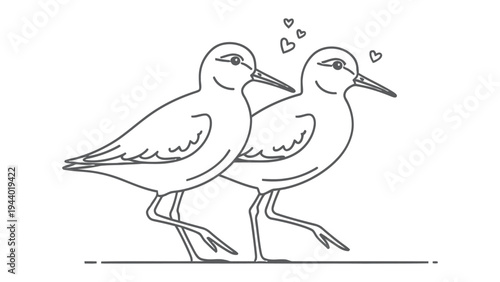 Two Birds in Love:A pair of sandpipers, adorned with tiny hearts, stroll side by side, embodying affection and togetherness in monochrome line art.