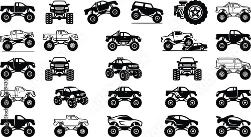 Collection of various black and white monster truck and offroad vehicle icons arranged in a grid on a white background