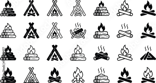 Collection of various campfire and bonfire icon designs representing different ways to build a fire