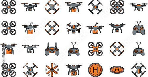 Collection of various drone illustrations and remote controller icons with rotors and cameras