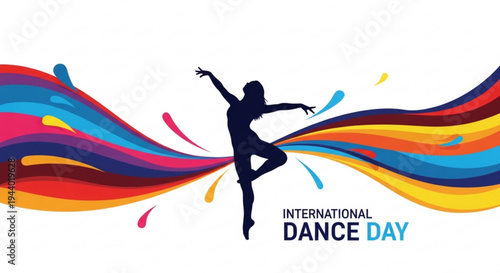 International dance day colorful illustration with dancer silhouette and vibrant wavy lines