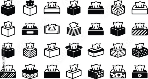 Collection of various tissue box icons representing different designs and styles for everyday use