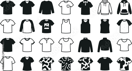 Collection of Various Tshirt Styles and Garment Icons in Black and White Line Art Designs