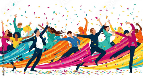 Diverse group of people celebrating with colorful confetti and vibrant streamers in the air joyful and lively scene