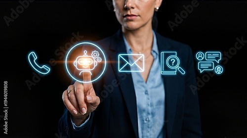 A businesswoman presses digital icons for communication channels, conveying modern connectivity.
