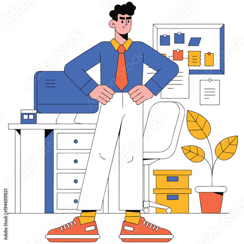 office worker standing with hands in pockets, young businessman character illustration