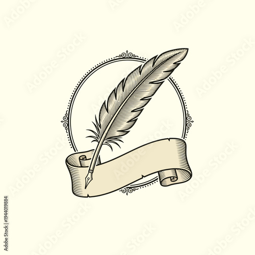 Vintage Quill Pen and Ribbon Emblem.