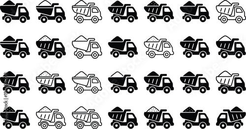 Collection of black and white dump truck icons symbolizing construction and transportation of materials