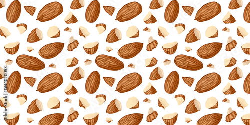 Seamless Pattern Almond. Whole Half and Pieces