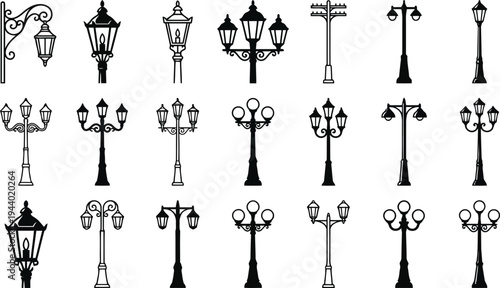 Collection of diverse black and white street lamp icons isolated on a transparent background for design