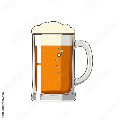 Cartoon mug of beer with frothy foam and bubbles isolated on white