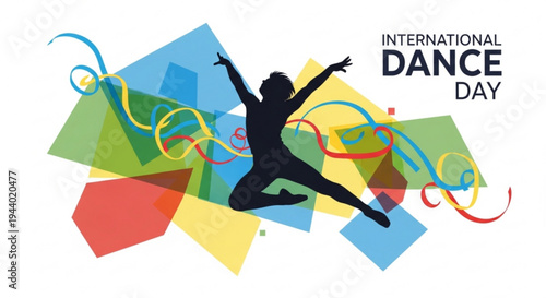 Silhouette of dancer jumping on colorful geometric shapes for international dance day celebration with ribbons