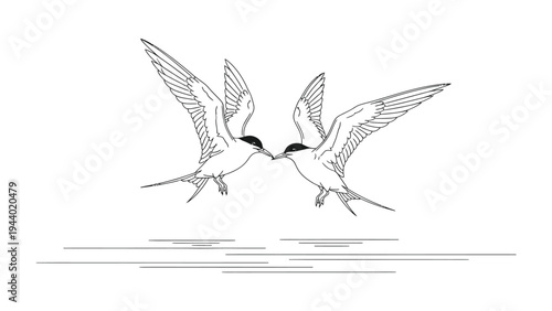 Eternal Embrace: Two swallows are captured in a tender moment, their beaks gently touching amidst the serene sky. The delicate lines and elegant composition evoke a sense of freedom and harmony.