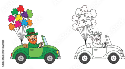 Cute St. Patrick's Day Leprechaun Driving a Car with Shamrock Balloons, Colored and Line Art Coloring Page Vector Illustration