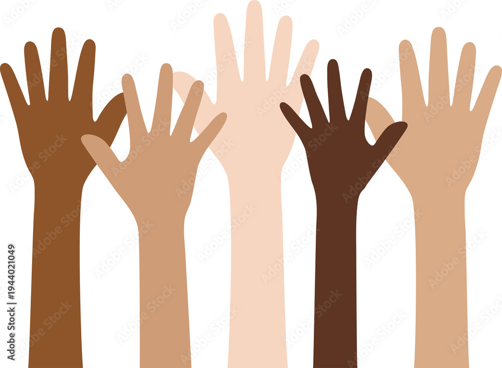 Fototapeta premium Flat design illustration of people with different skin colors raising their hands. Unity concept.