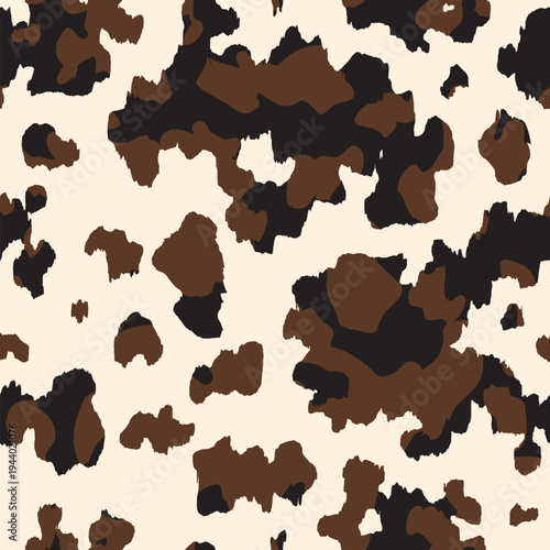 Cow seamless pattern. Vector animal skin print, grunge black and brown spots on white background. Natural spotted texture for textile, fabric, dairy farm decor, wrapping paper, wallpaper, backdrop.