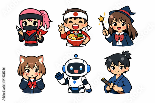 Cute anime characters collection: ninja, chef, wizard, cat girl, robot, samurai