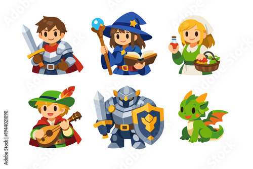 Cartoon fantasy characters: knight, wizard, healer, bard, warrior, dragon