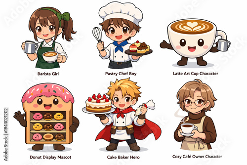 Cute café characters: barista girl, pastry chef boy, and more delightful mascots