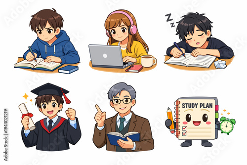 Animated characters studying and teaching with books and laptops