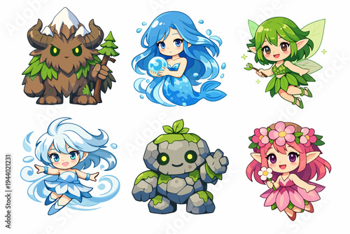 Adorable elemental characters: nature, water, air, and earth themed cute designs