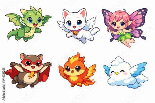 Cute cartoon creatures: dragon, cat, fairy, superhero, phoenix, cloud