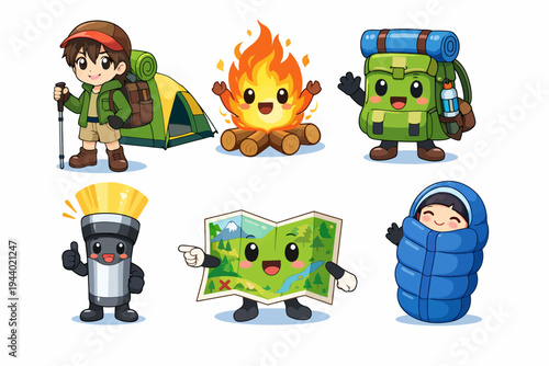 Cute cartoon camping characters: boy, campfire, backpack, torch, map, and sleeping bag