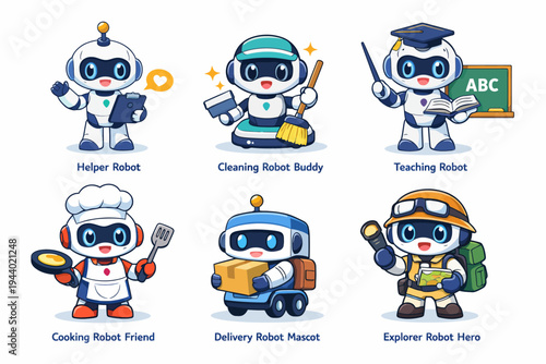 Cheerful cartoon robot collection: helper, cleaning, teaching, cooking, delivery, and explorer bots