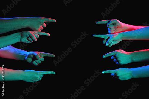 Toned many hands pointing a...