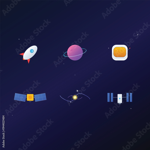 Set of 6 space icons vector, including rocket, planet, satellite, and more