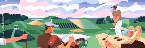 People play on golf course. Court landscape with golfers. Player swings to hit ball with putter. Friends putt golfball into hole. Athletes with sports kit in competition. Flat vector illustration