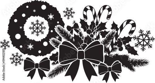 Christmas decorations with bows and snowflakes on white background