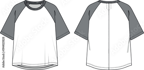 Raglan Sleeve T-Shirt Technical Flat Sketch Vector Template with Front and Back View for Apparel Design and Fashion Tech Pack